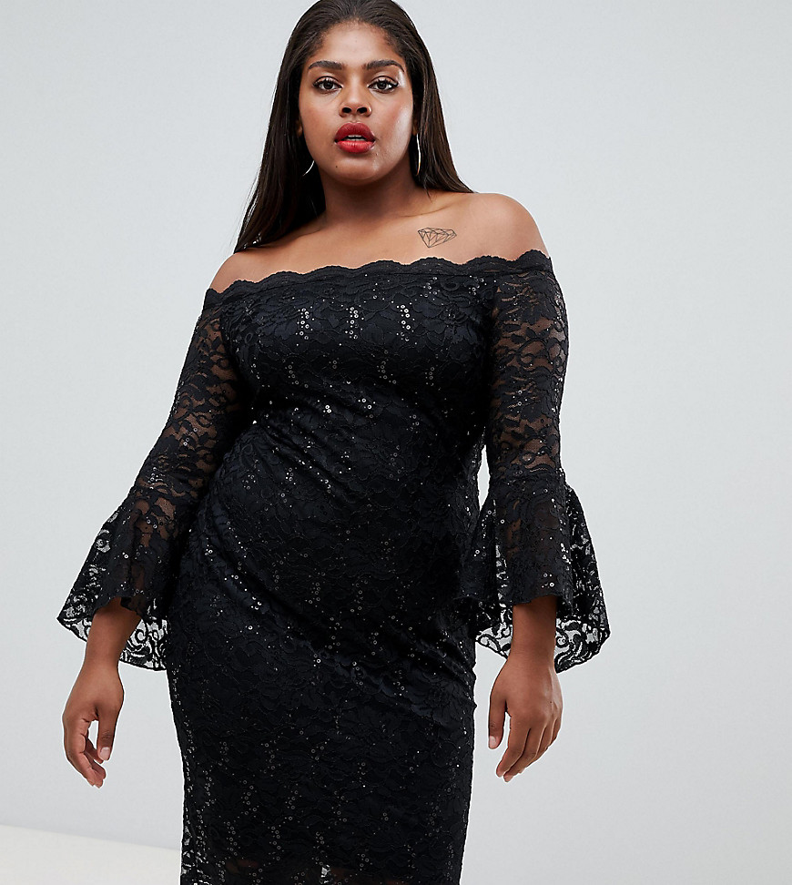 Flounce London Plus bardot sequin lace midi dress with fluted sleeves in black