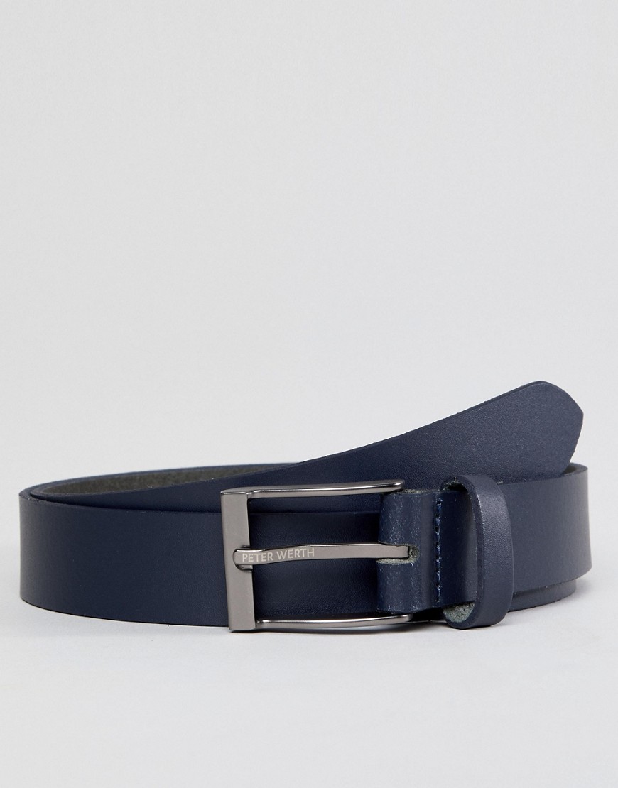 Peter Werth Leather Belt In Navy With Nickle Buckle - Blue