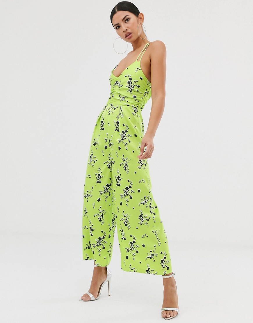 ASOS DESIGN cami jumpsuit with gathered bodice in green floral print