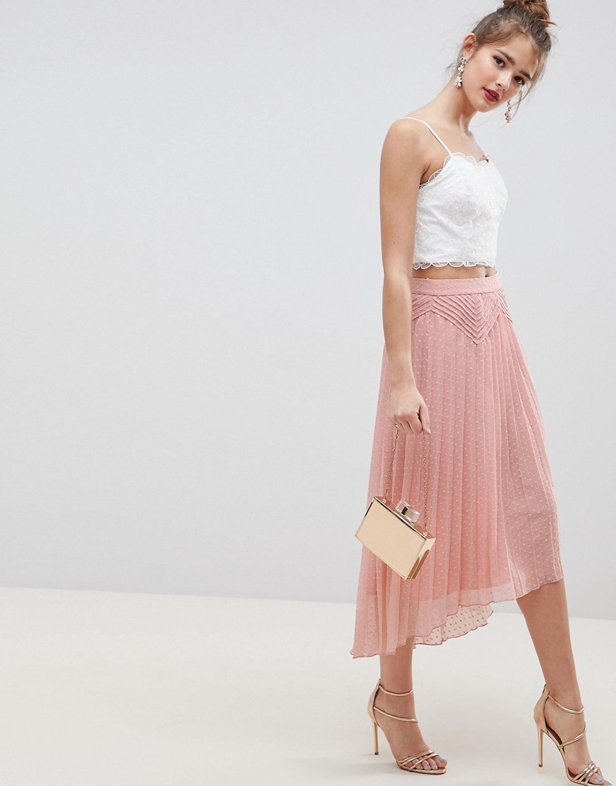 ASOS DESIGN dobby pleated high low midi skirt with pintuck detail - Nude