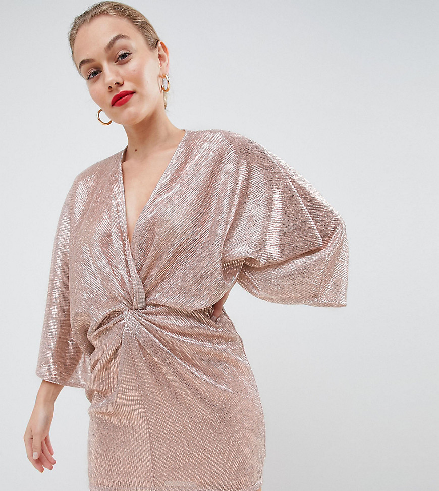 Flounce London Petite wrap front kimono mini dress in rose gold metallic