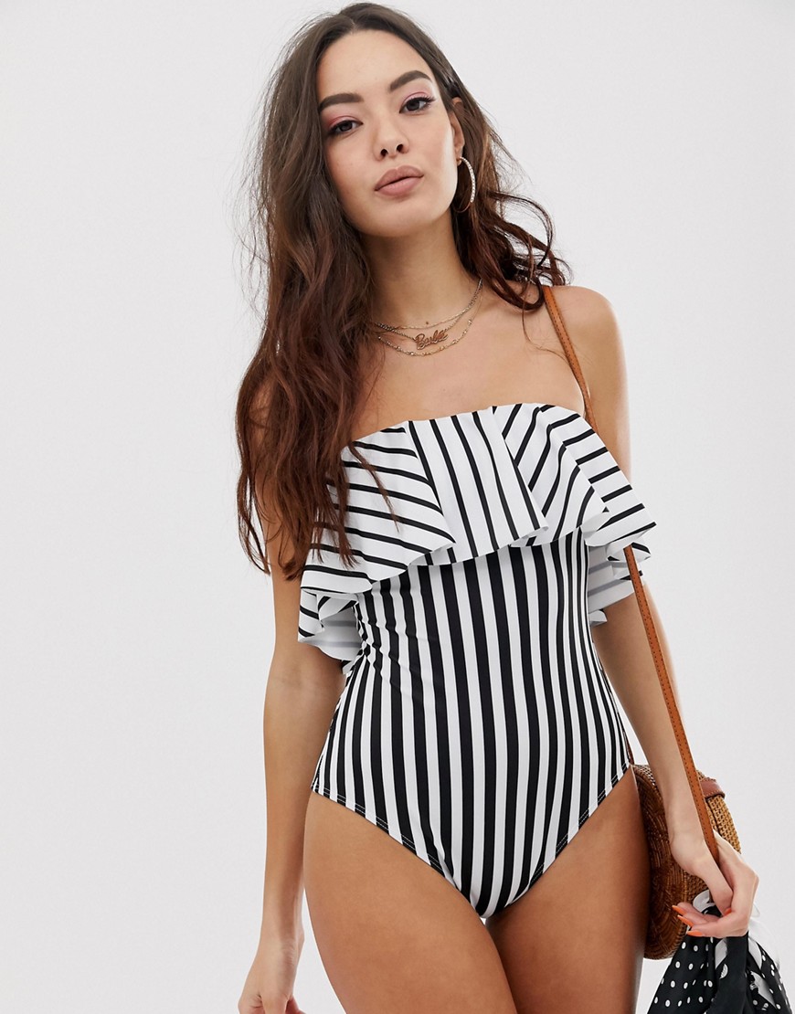 ASOS DESIGN recycled frill bandeau swimsuit in mono stripe print