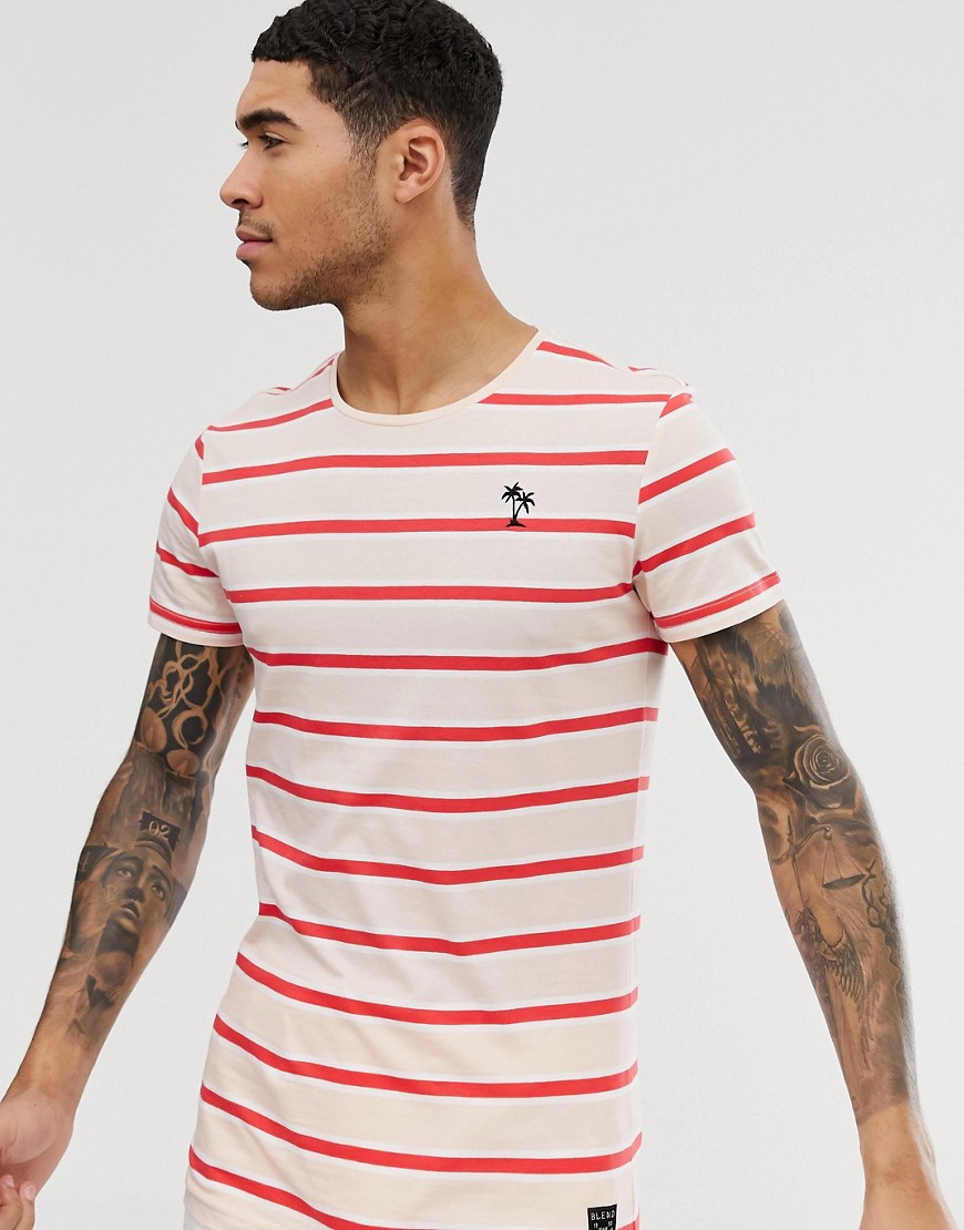 Blend slim fit stripe t-shirt with palm tree embroidery in pink