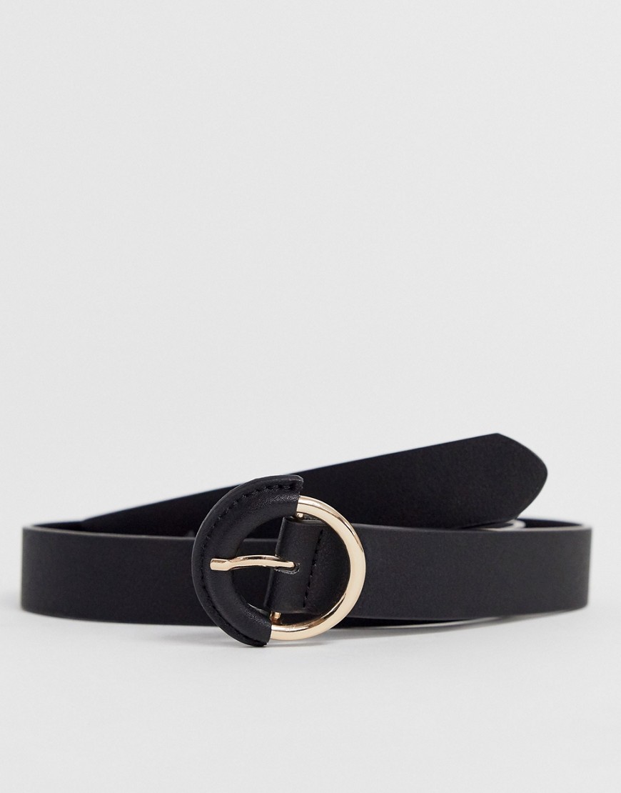 ASOS DESIGN faux leather slim belt in black with gold and black circle buckle