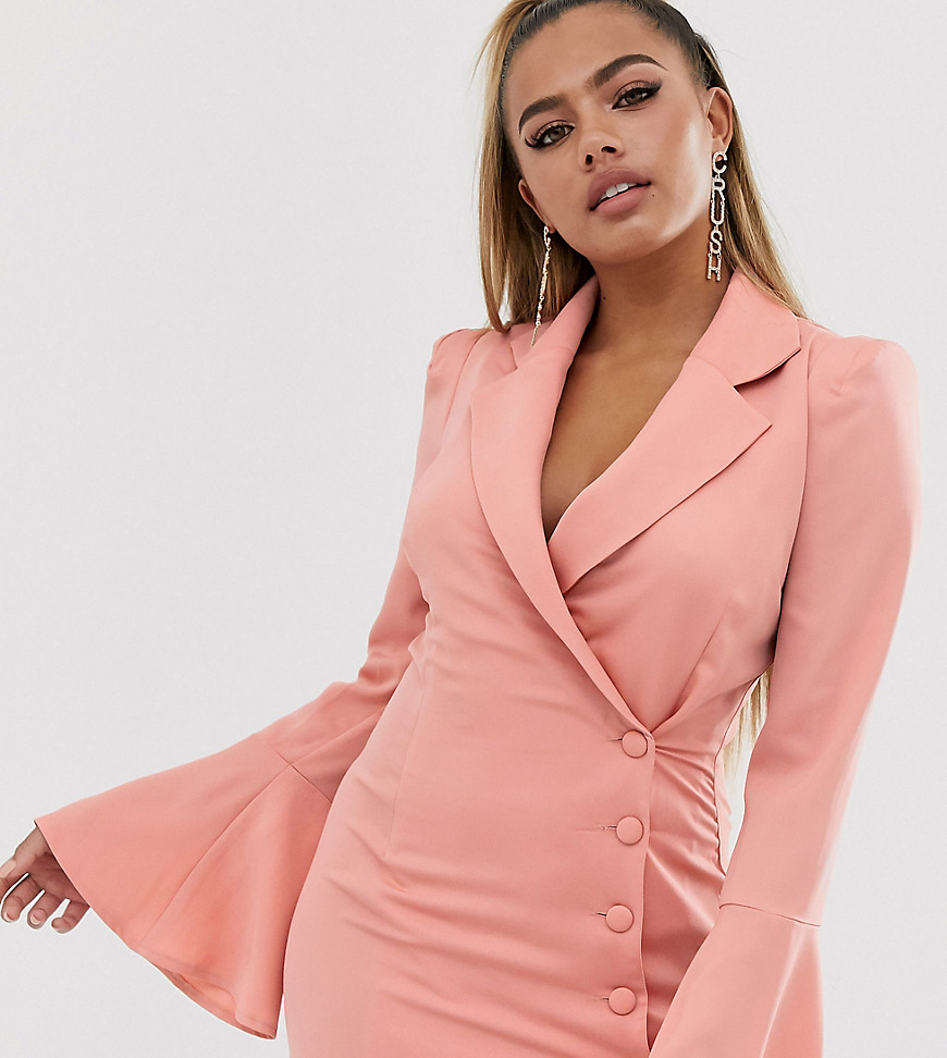 PrettyLittleThing Petite flare sleeve blazer dress with button detail in pink