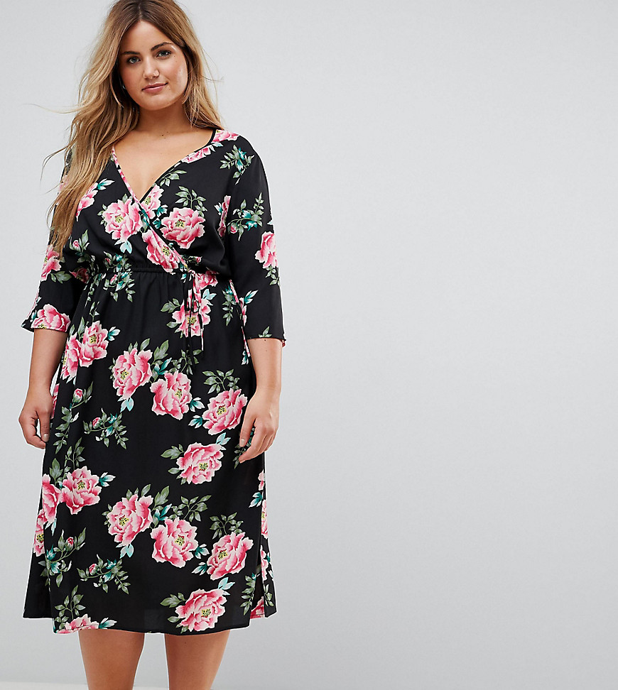 Influence Plus Floral Print Wrap Midi Dress With Flared Sleeve - Black floral