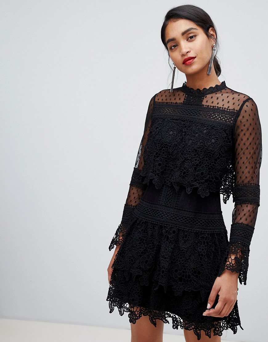 Chi Chi London lace skater dress with sheer sleeves in black