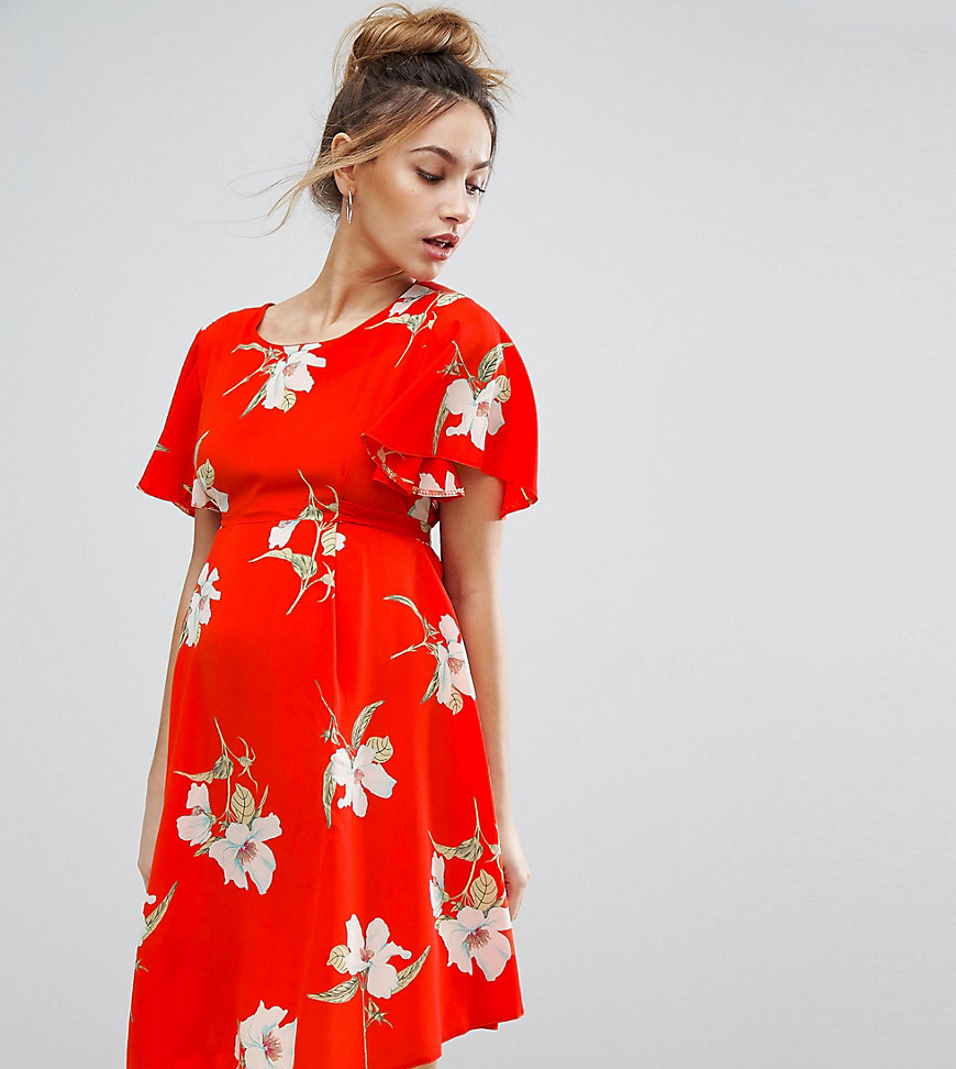 Queen Bee Floral Tea Dress With Tie Back - Red