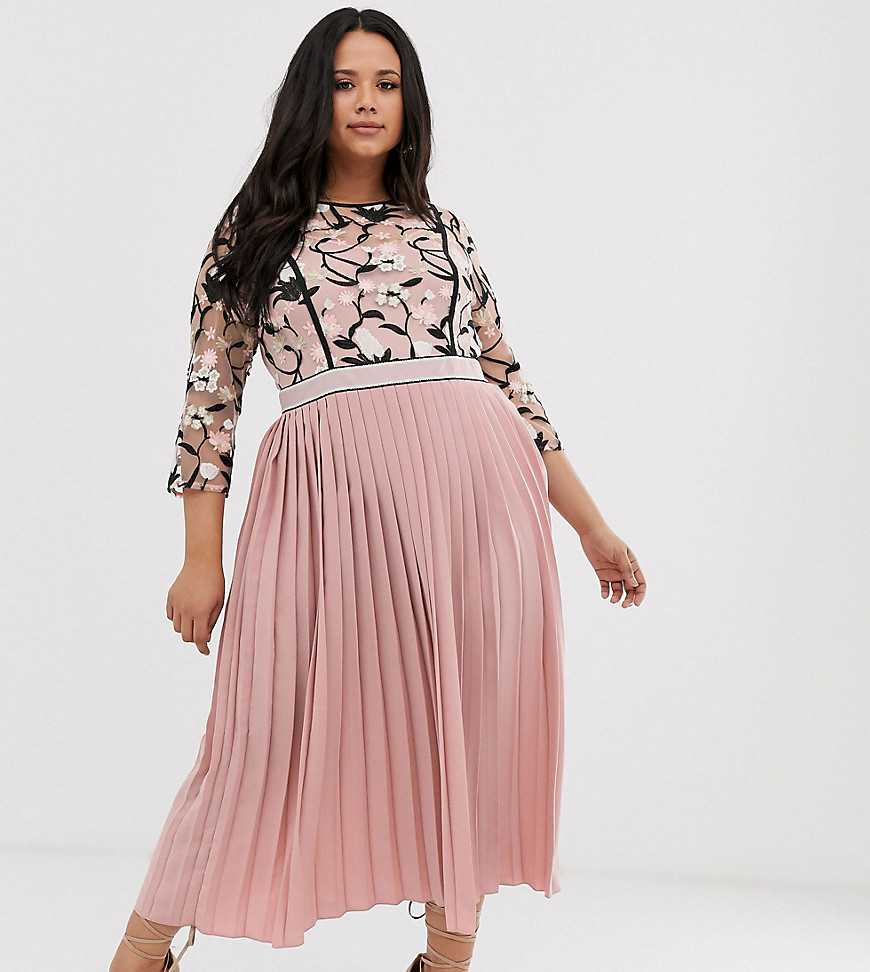 Little Mistress Plus lace embroidered top 3/4 sleeve midi dress with pleated skirt in rose