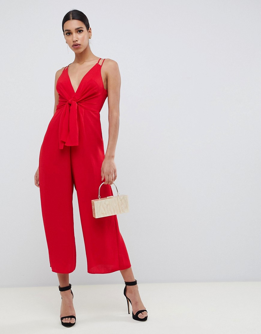 Asos Design Jumpsuit With Tie Front And Wide Leg - Red