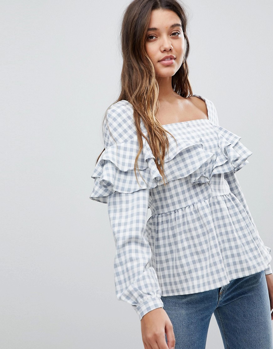 Fashion Union Peplum Blouse With Ruffles In Check - Grey