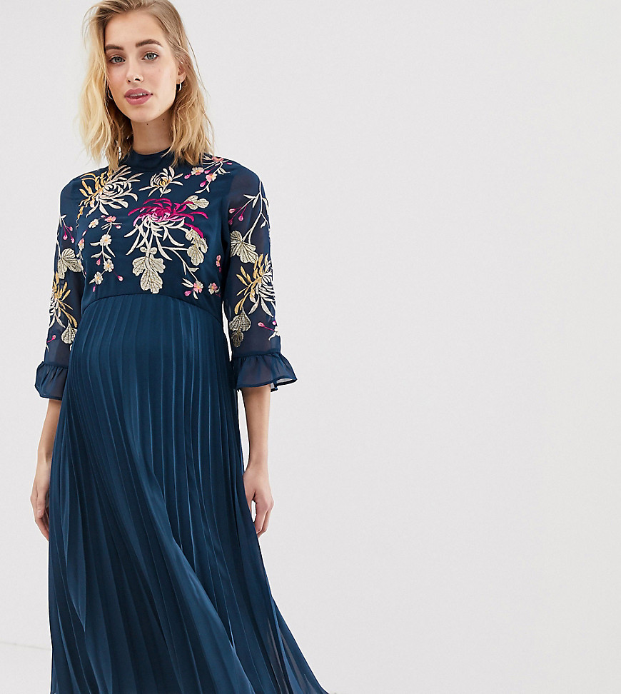 ASOS DESIGN Maternity embroidered pleated midi dress with fluted sleeve