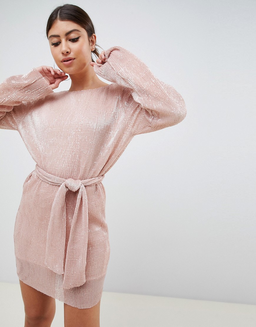 Club L allover sequin shift dress with belt detail in soft pink