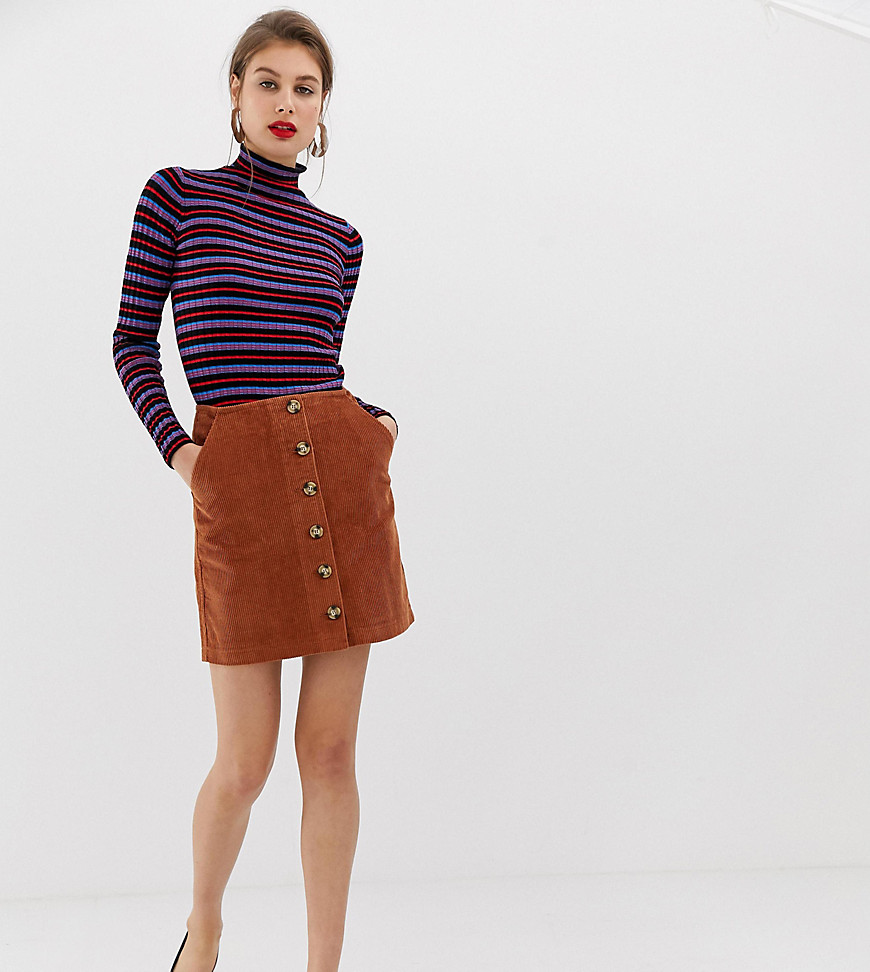 Warehouse a-line cord skirt with button through in rust
