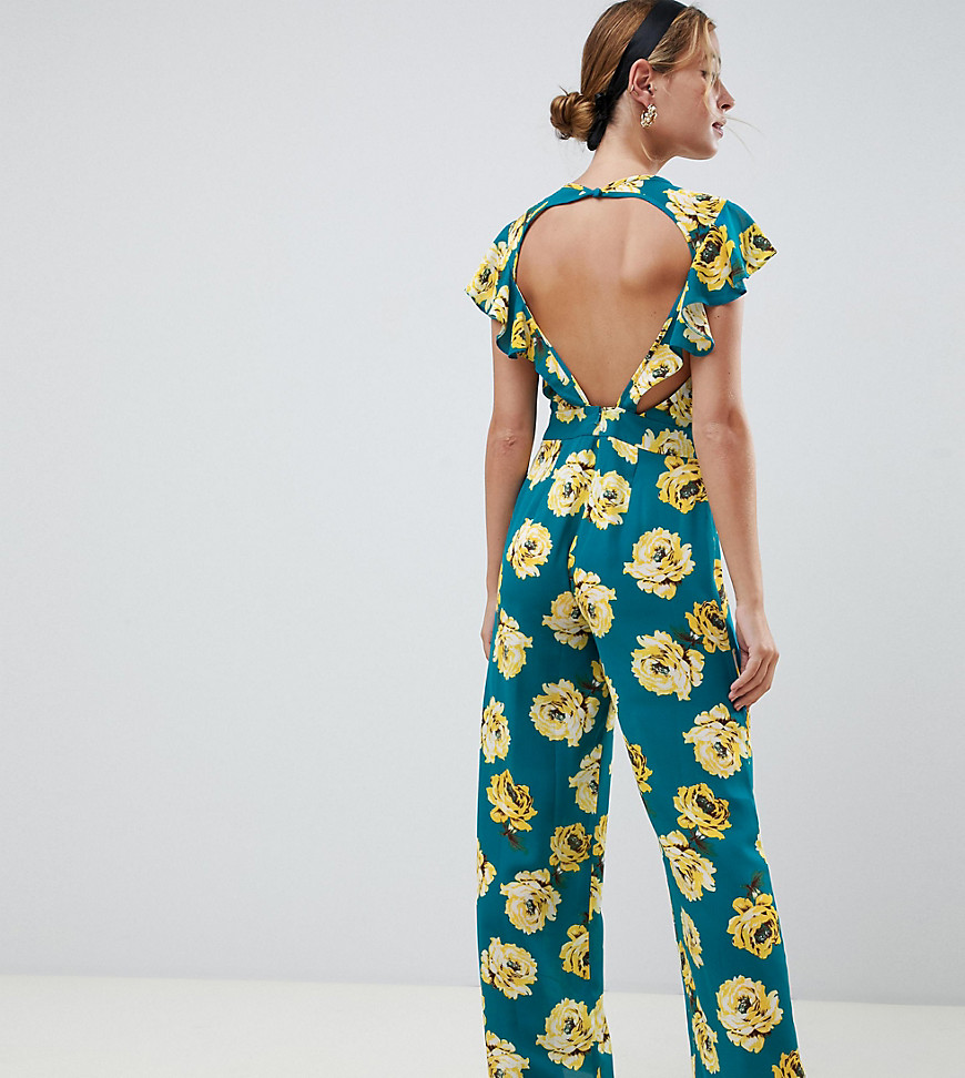 ASOS DESIGN Petite Jumpsuit with flutter open back in floral print bloom