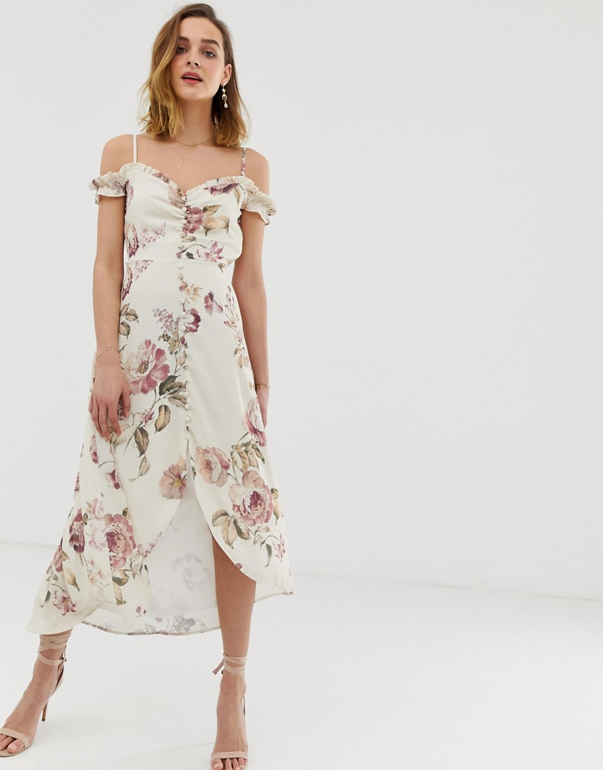 Hope & Ivy ruffle cold shoulder high low midi dress in cream floral