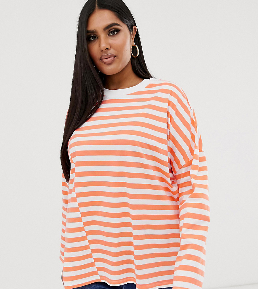 ASOS DESIGN Curve oversized t-shirt in spliced stripe with long sleeves