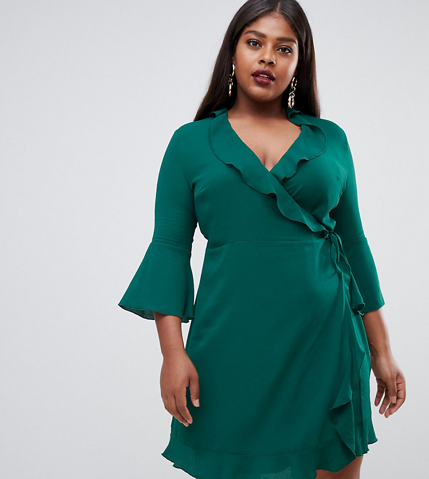 Outrageous Fortune Plus ruffle wrap dress with fluted sleeve in green