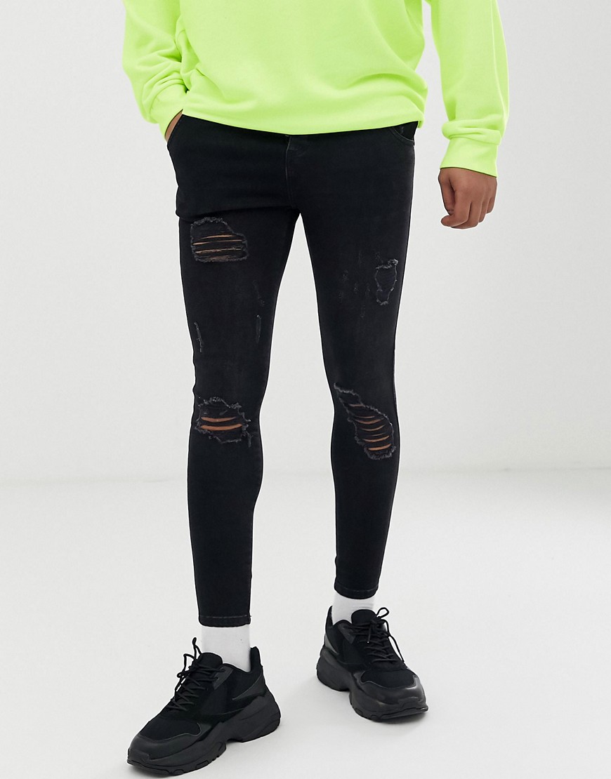 SikSilk super skinny jeans in black with knee rips