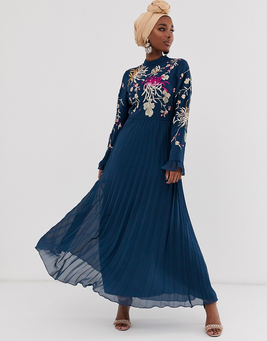Asos Design Embroidered Pleated Maxi Dress With Fluted Sleeve-navy