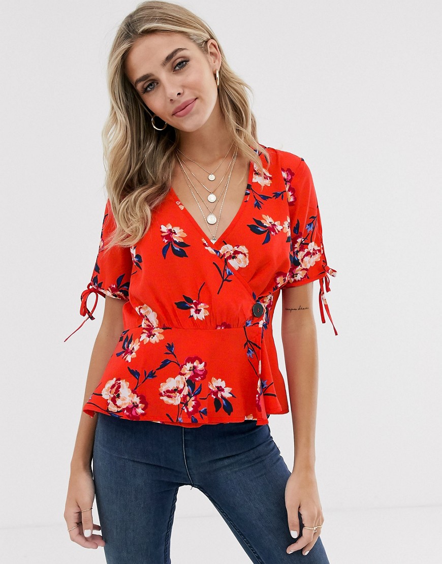 Influence wrap front top with tie sleeves in floral print