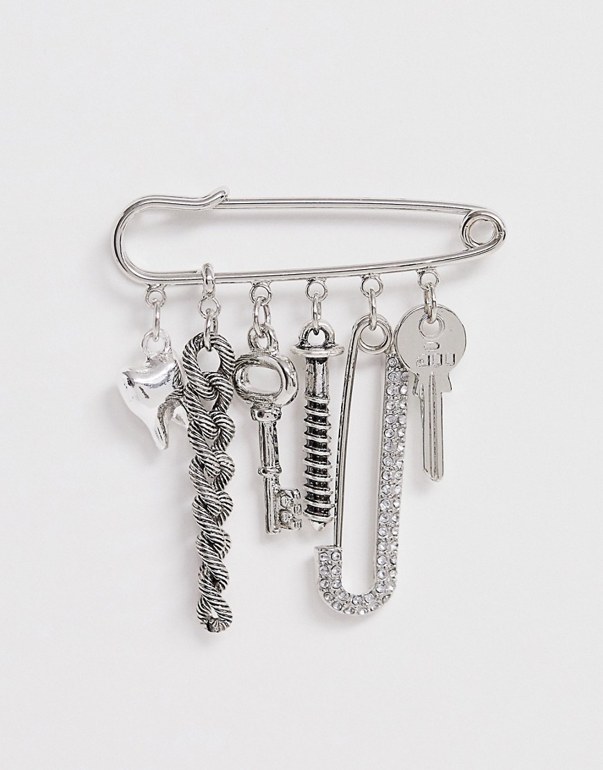 Asos Design Charm Brooch In Burnished Silver Tone - Silver