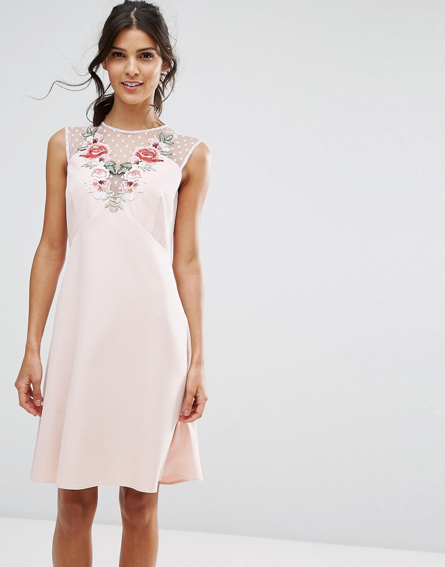 Elise Ryan A Line Dress In Mesh And Floral Applique - Pink