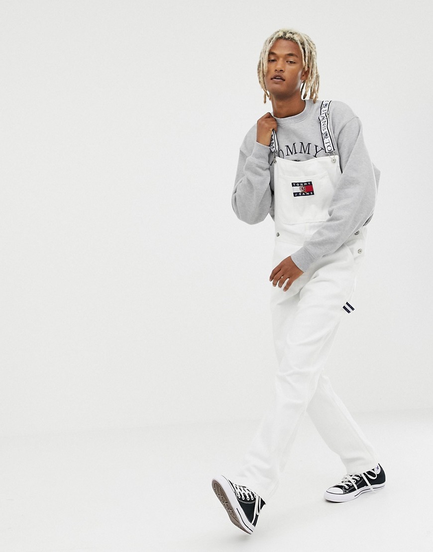 Tommy Jeans 6.0 Limited Capsule carpenter dungarees with crest flag logo in white - Cloud dancer