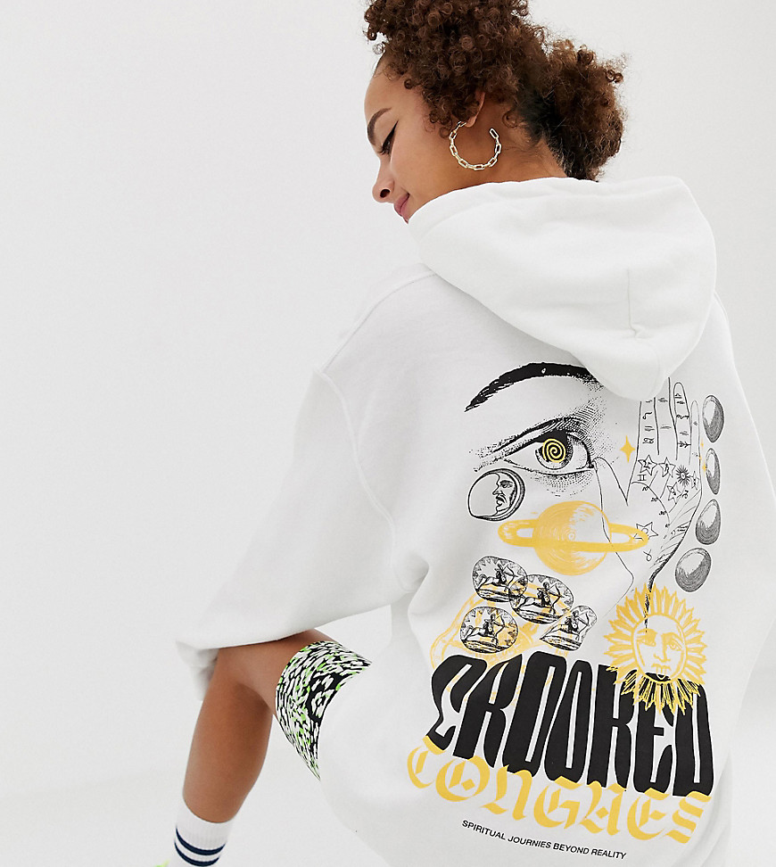 Crooked Tongues oversized hoodie in white with palm and sun print - White