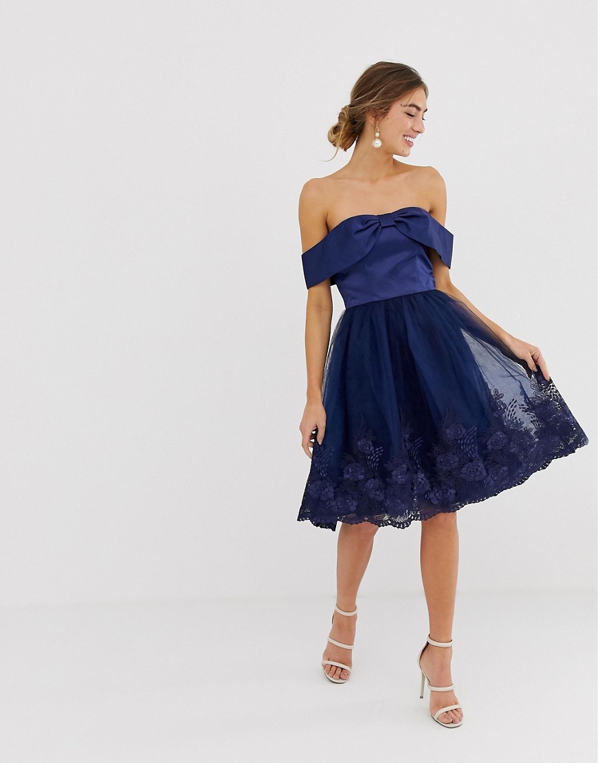 Chi Chi London Off Shoulder Midi Dress with Bow Front and Premium Lace Detail
