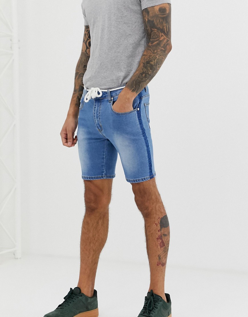 Liquor N Poker denim shorts in stonewash with rope tie and side fade