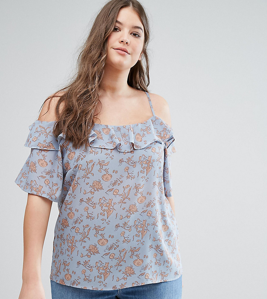 Alice & You Floral Cold Shoulder Woven Top With Ruffle - Blue