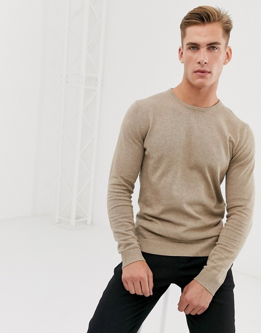 Selected Homme cotton crew neck knitted jumper in sand