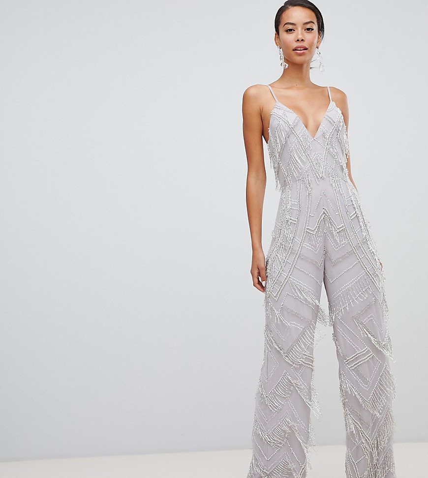 ASOS EDITION Tall fringe & pearl embellished jumpsuit with wide leg - Lilac