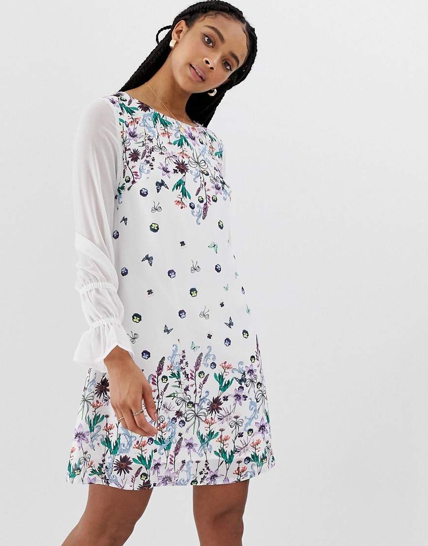 Yumi shift dress in floral and butterfly border print