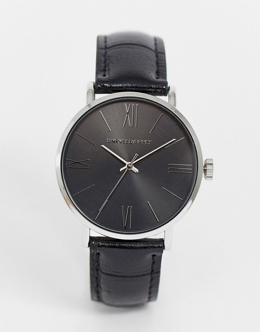 Asos Design Classic Watch With Faux Croc Strap In Black And Silver Tone