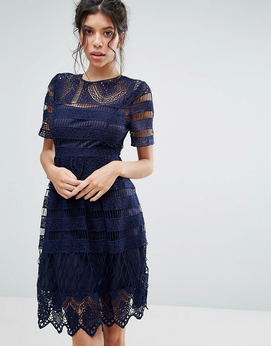 Love Triangle Lace Double Layer Skater Dress - Navy