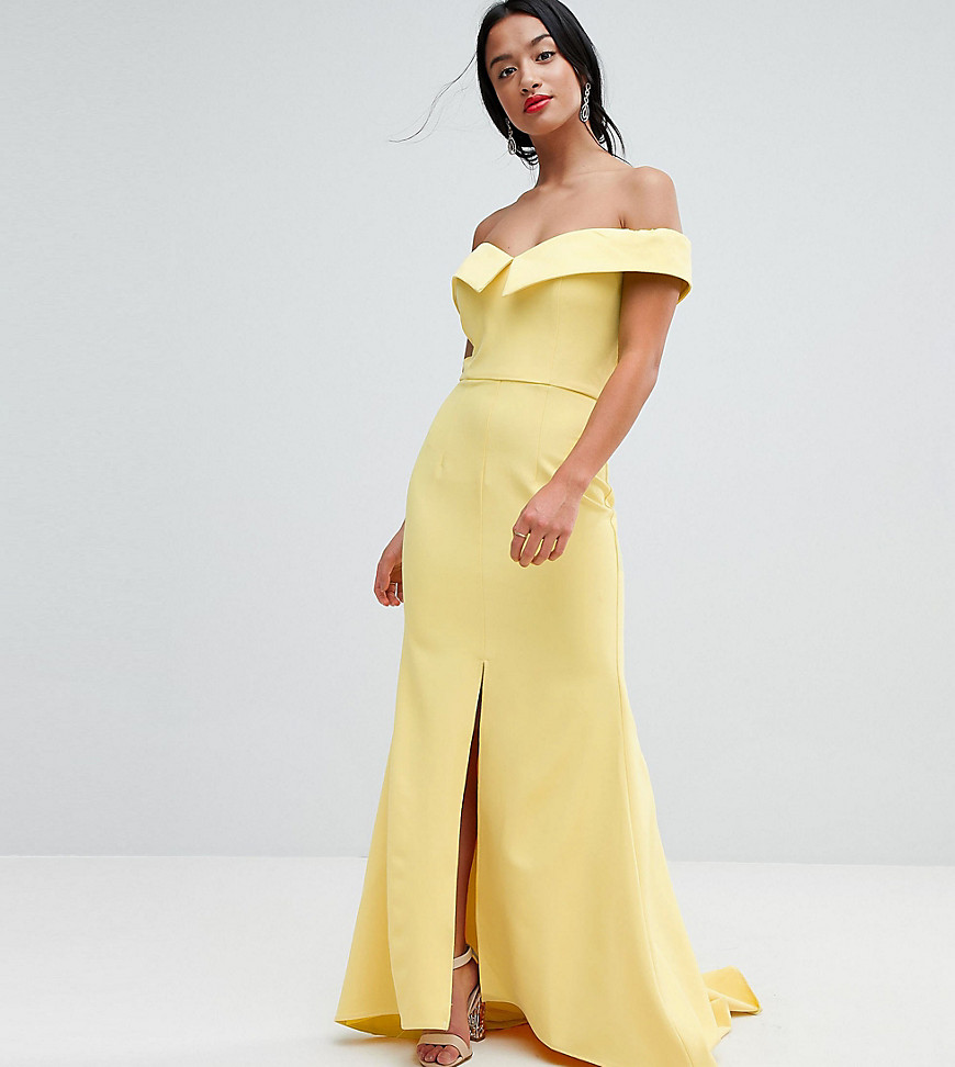 Jarlo Petite Bardot Maxi Dress With Thigh Split And Train Detail - Lemon