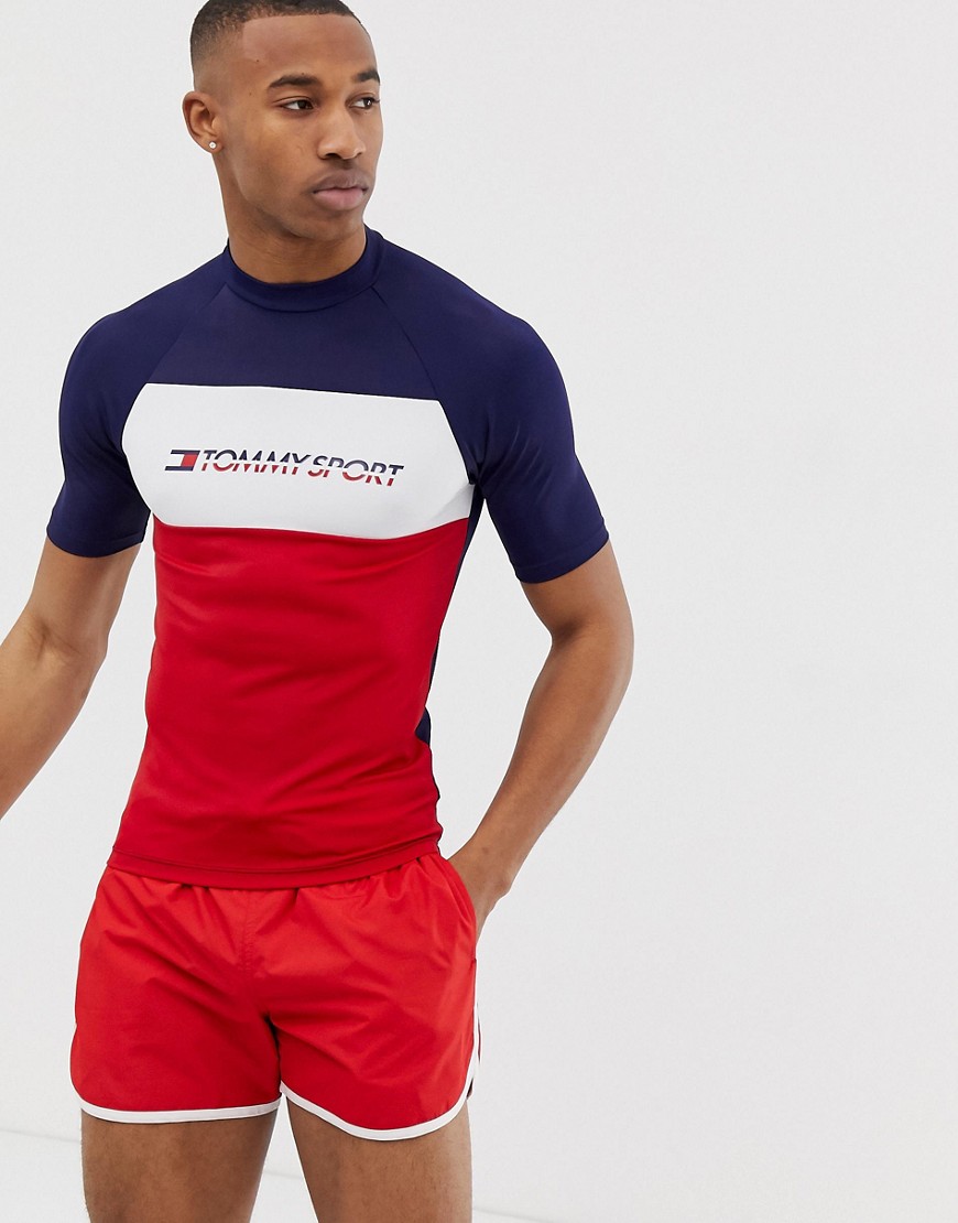 Tommy Sport colour block short sleeved rashguard with chest logo in navy/red/white