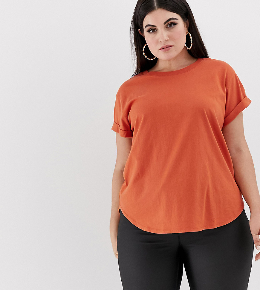 ASOS DESIGN Curve t-shirt in boyfriend fit with rolled sleeve and curved hem in rust