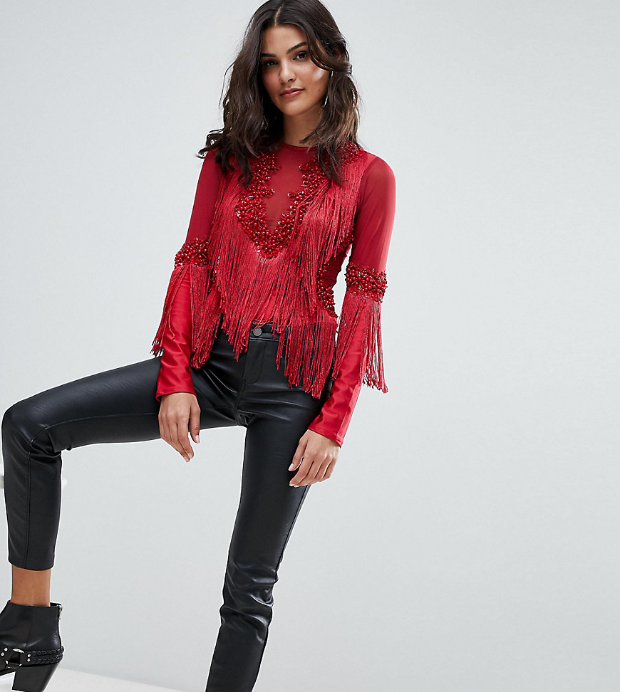 A Star Is Born Going Out Fringe Bodysuit with Embellishment - Red