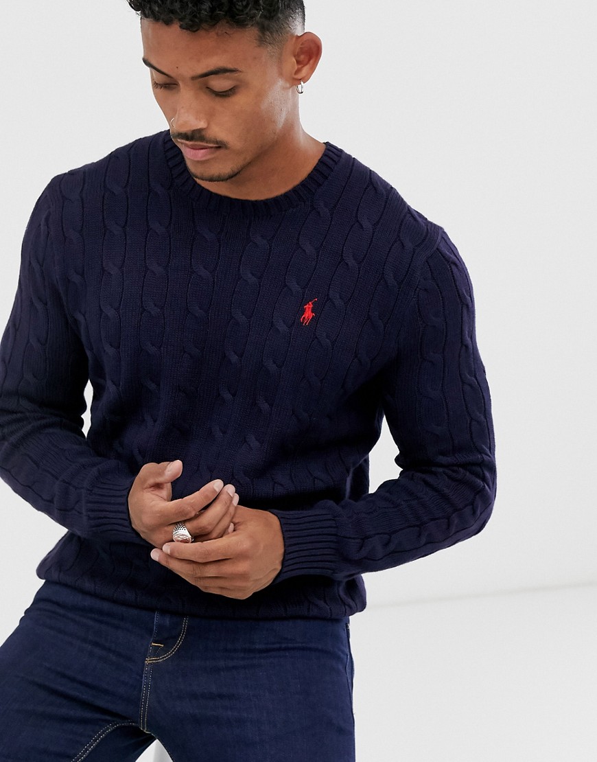 Polo Ralph Lauren cable knitted jumper in navy with player logo