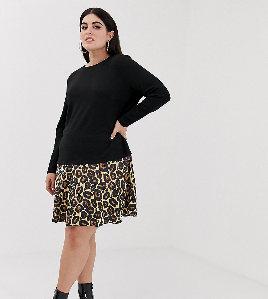 ASOS DESIGN Curve 2 in 1 sweat dress with leopard hem and tie back
