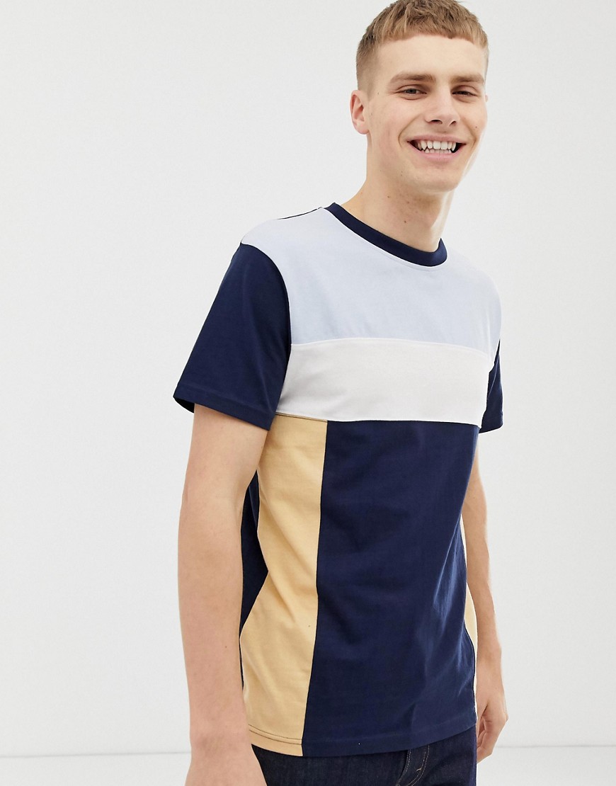 Bellfield t-shirt with cut and sew colour block in navy