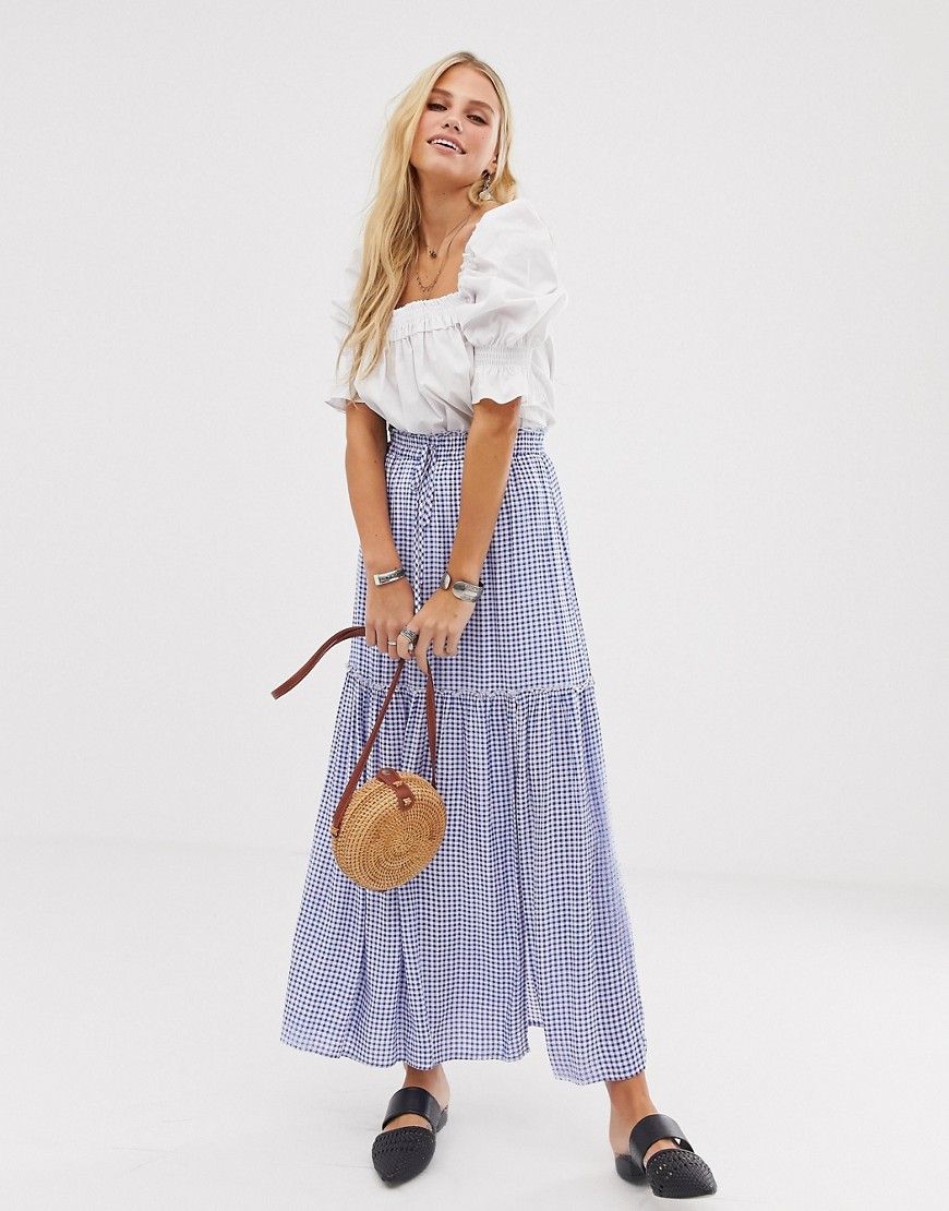 En Creme maxi skirt in gingham with thigh split and tie waist