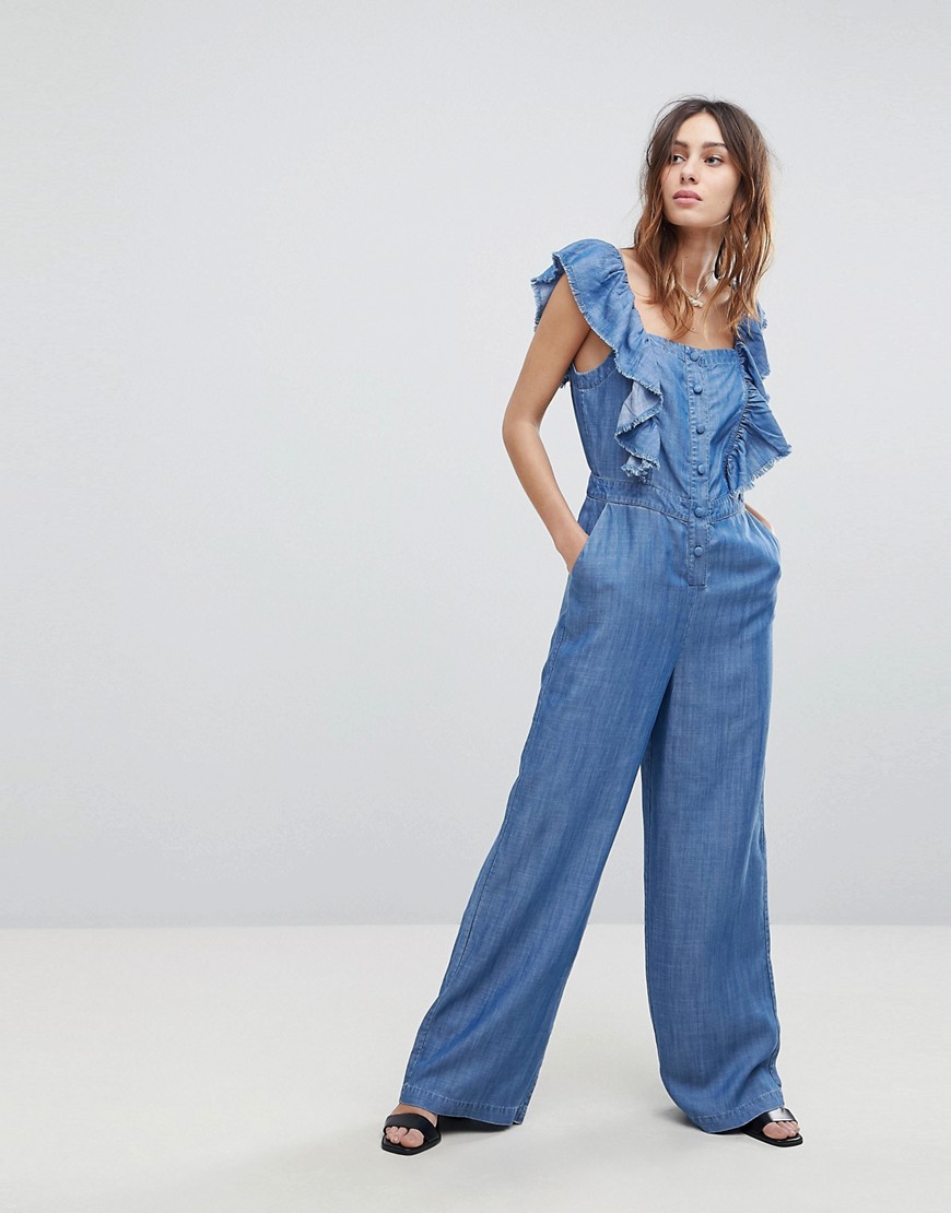 Current Air Denim Jumpsuit with Ruffle Sleeve - Chambray