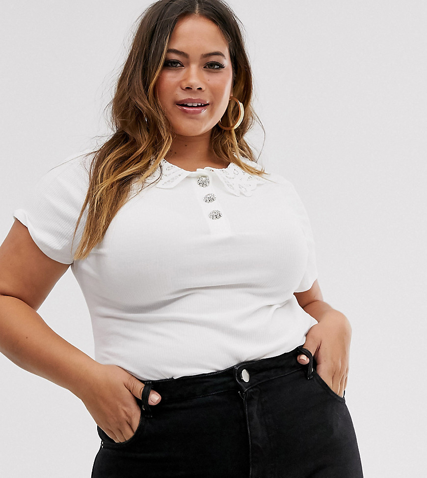 River Island Plus t-shirt with lace collar in cream