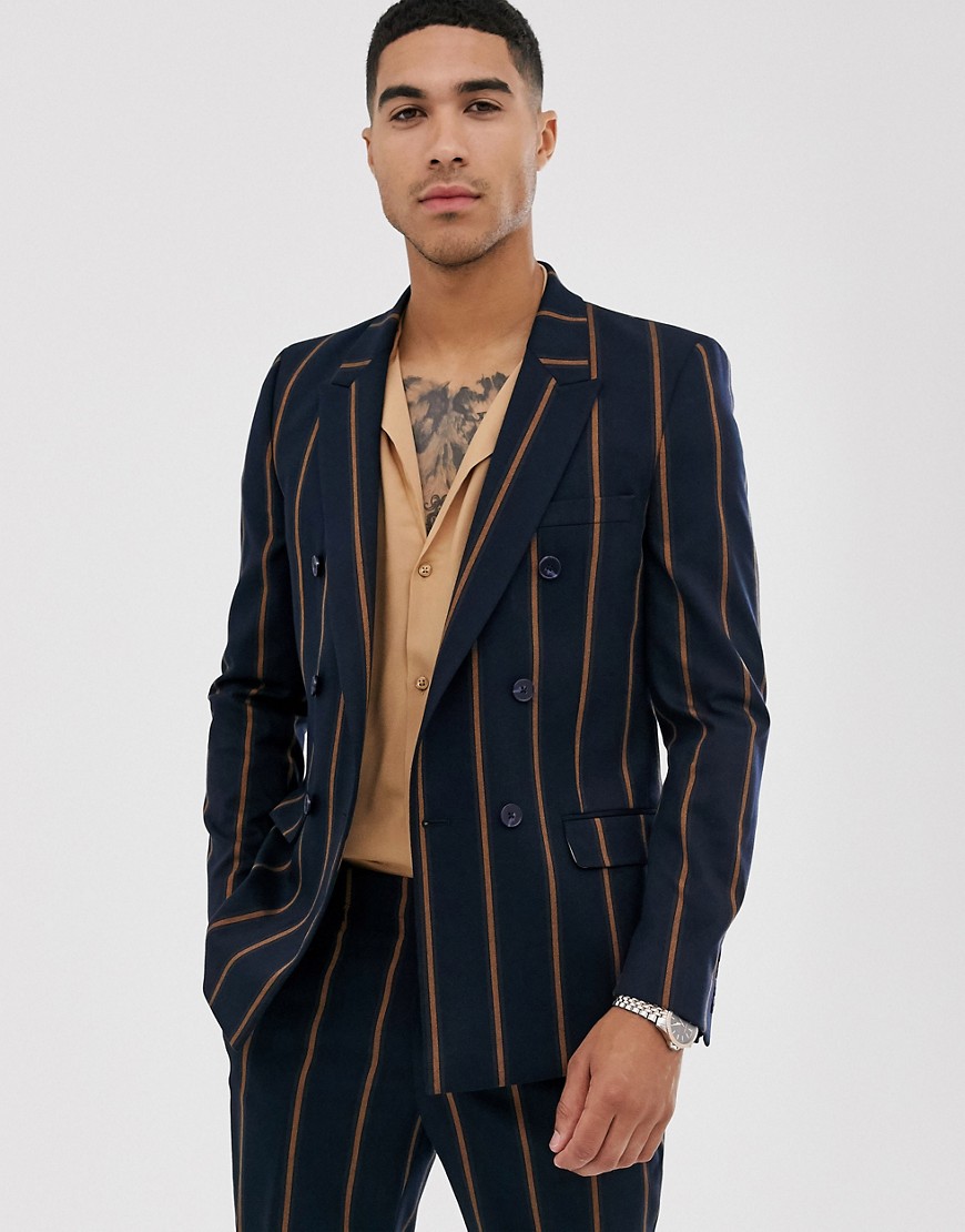 ASOS DESIGN slim double breasted suit jacket in navy wide stripe