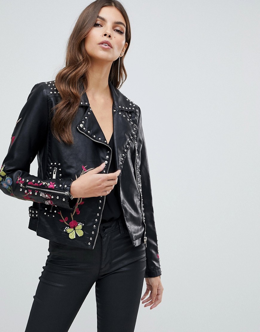 Forever Unique embroidered faux leather jacket - Black