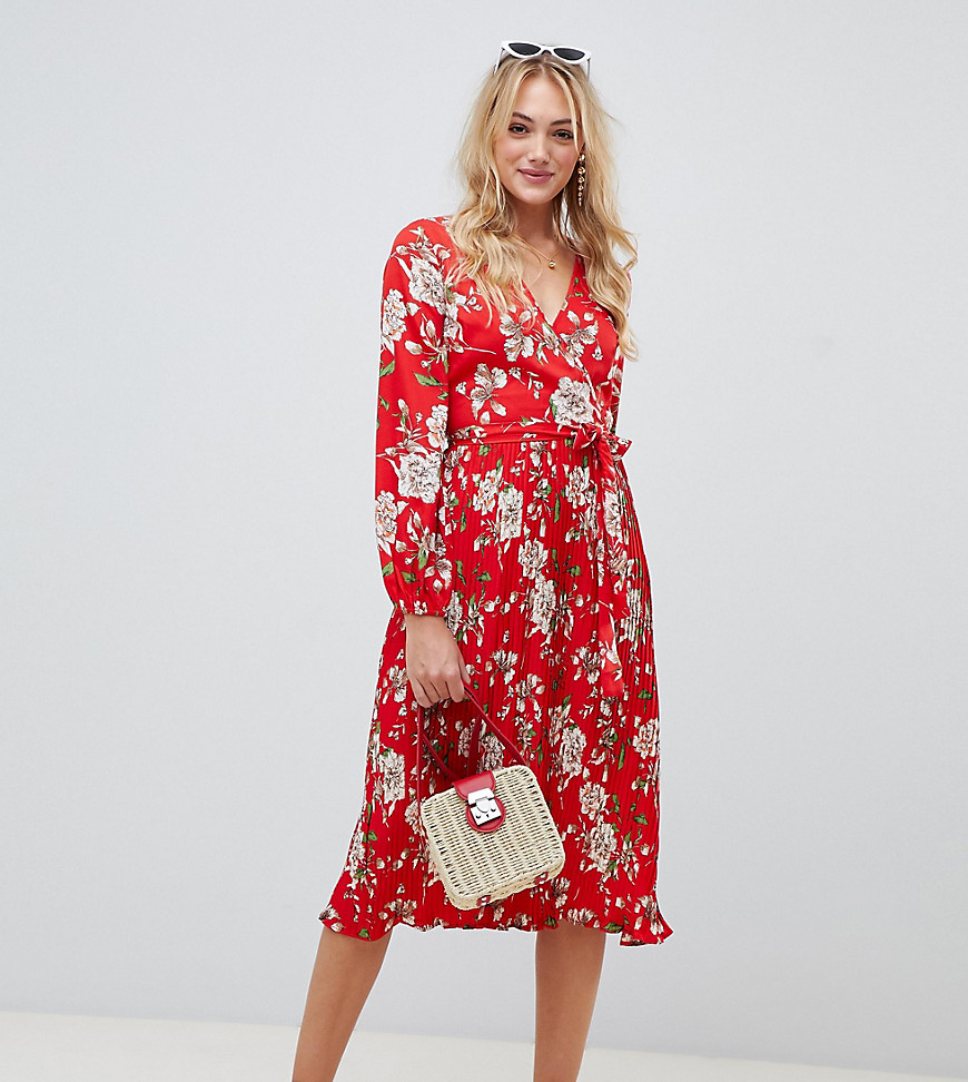 Influence Tall mid floral dress with pleated skirt and tie waist